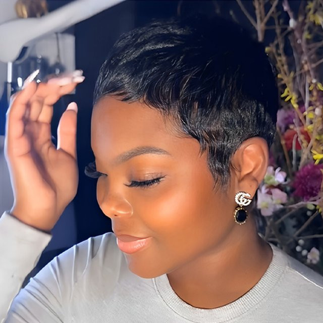 OYM HAIR Pixie-Perücke, 4 Zoll, 100 % Echthaar, Rose Net Cap, gerade - Bild 1