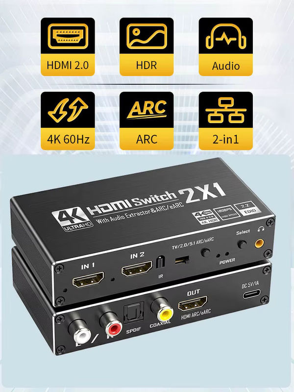 VBDWRM HDMI-Switch mit Audio-Extraktor 4K 60Hz, 2 Eingänge 1 Ausgang, HDMI zu Koaxial, Toslink SPDIF, L/R Stereo und HDMI ARC, Schwarz - Bild 7