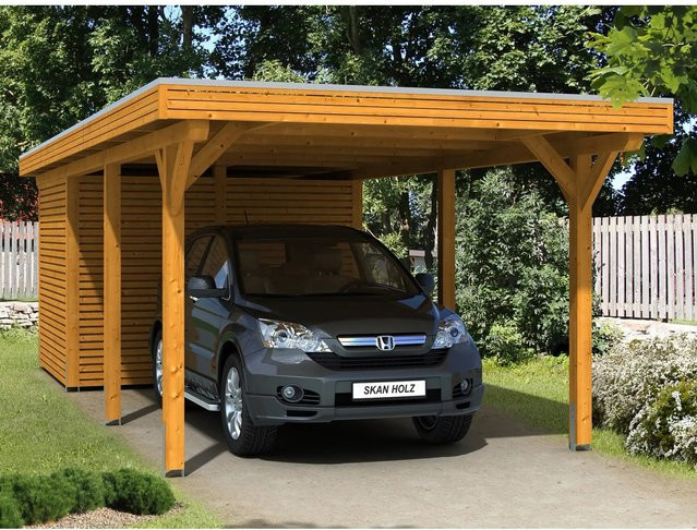 SKANHOLZ Carport Spessart aus Fichte Leimholz mit Flachdach und Regenrinne, Farbe: beige, B/T: 355 x 846 cm, Höhe: 243 cm - Bild 3