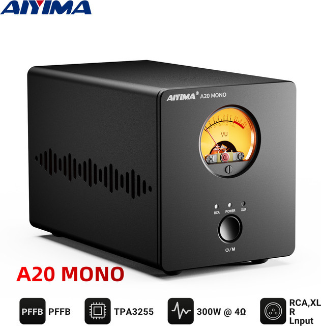 AIYIMA A20 Mono Hi-Fi Leistungsverstärker mit TPA3255 OPA1612, 300W, Schwarz, Klasse D mit Retro VU-Meter, HPF und SUB OUT, XLR-Anschluss - Bild 1