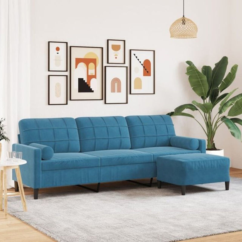 Modernes 3-Sitzer-Sofa mit Hocker von Vidaxl in Blau aus Samt und Metall, Breite: 226 cm - Bild 1