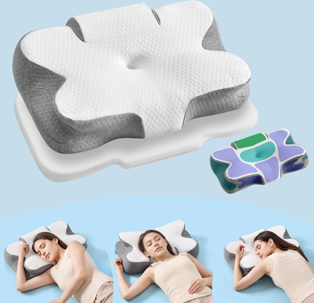 Ergonomisches SONGMICS Nackenkissen aus Memory Foam, höhenverstellbar, weiß-grau - Bild 1