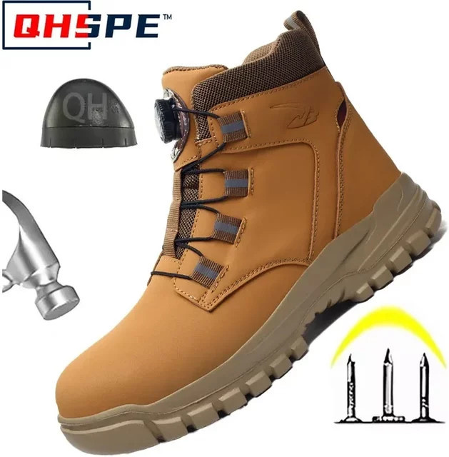 QHSPE Sicherheitsstiefel für Herren, wasserdichte und unzerstörbare Arbeitsschuhe mit Stahlkappe und stichfester Sohle, Beige/Braun - Bild 1
