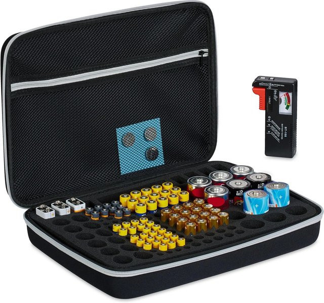 Relaxdays Batteriekoffer aus Polyester und EVA in Schwarz mit Batterietester, B/T/H: 34 x 24 x 8 cm - Bild 1