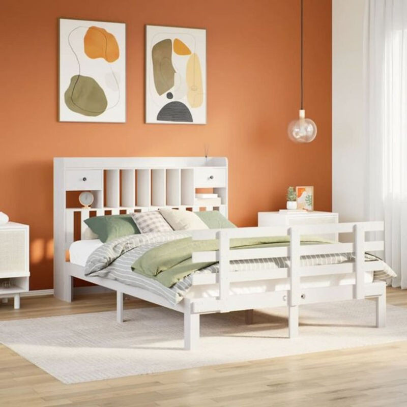 Massivholzbett Vidaxl aus Kiefer mit Regal in Weiß, B/T/H: 140 x 200 cm - Bild 1