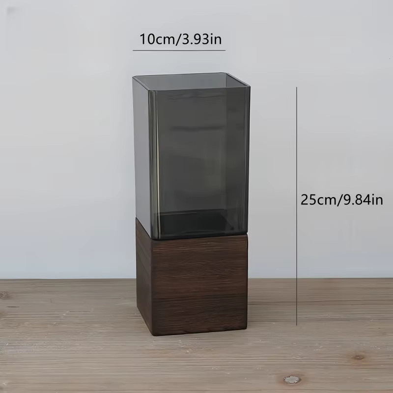 Quadratische Acryl-Blumenvase im nordischen Stil mit Holzsockel, Schwarz und Transparent - Bild 2