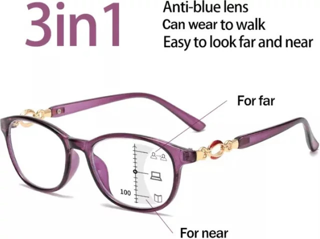 DIXSG 3-in-1 Progressive Multifokal-Lesebrille für Frauen, Vollrand, Kunststoff, lila - Bild 1