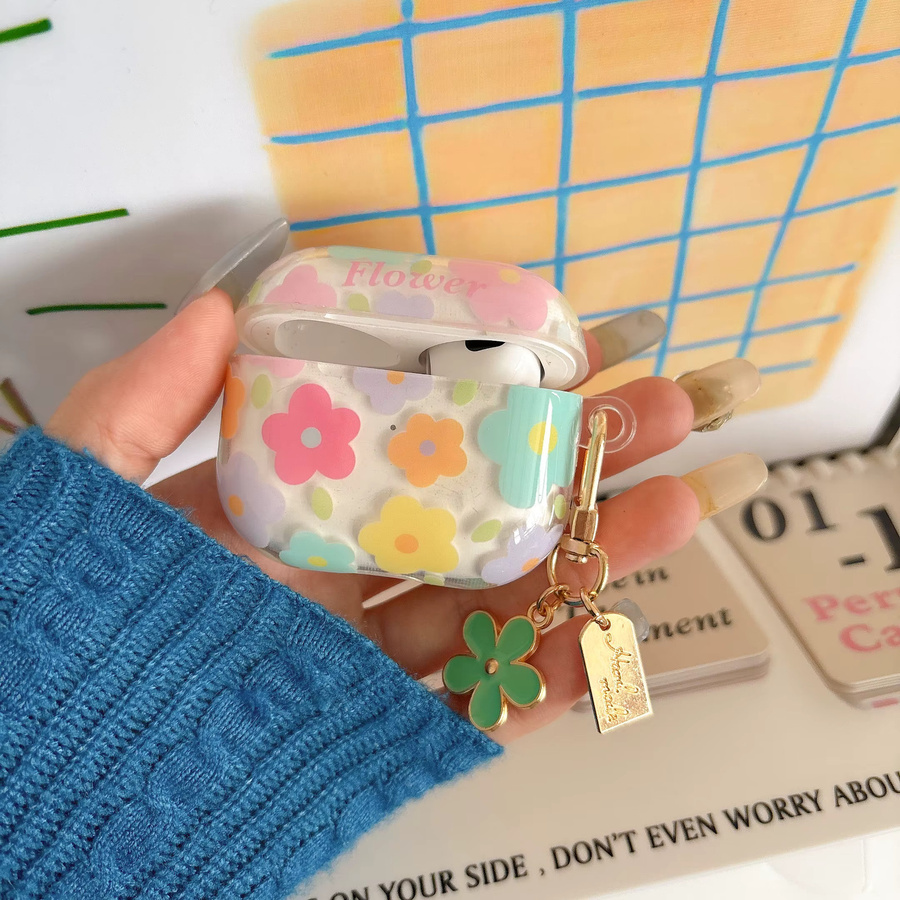Transparente Kopfhörerhülle mit Blumenmuster in bunten Farben und Blumenanhänger für Apple AirPods 1 2 3 4 Pro Pro2 Pro3 - Bild 2