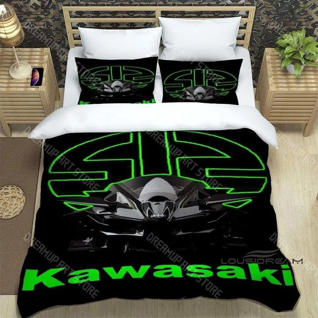 Bettwäscheset mit Kawasaki Motorrad Logo im Retro-Design, Schwarz, B/H: 140 x 200 cm - Bild 1