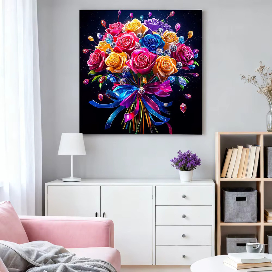 HUACAN Diamant-Mosaik Set Rosen-Blumen Wandkunst in Mehrfarbig, Durchmesser: 20 cm - Bild 3