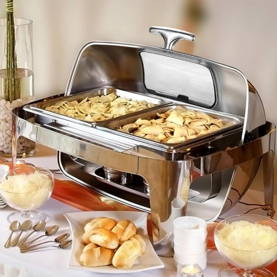 HiMISS Roll-Top Chafing Dish Buffet-Set aus Edelstahl in Silber, rechteckiger Speisenwärmer mit Sichtdeckel - Bild 3