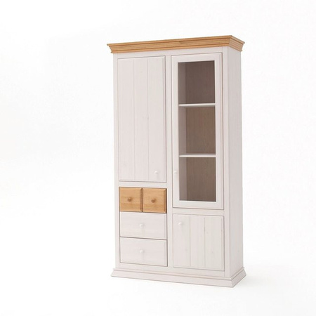 Vitrine Sylt aus massiver Kiefer in Weiß Antik im Landhausstil mit Glastüren und Regalböden