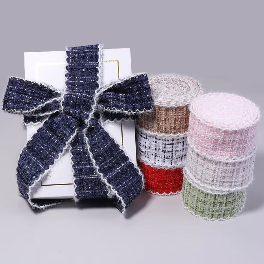 Mehrfarbiges Tweed-Band mit Wellenmuster und ausgefransten Kanten, kariertes gewebtes Band für DIY-Haarschleifen und Geschenkverpackungen, 3 Yards - Bild 2