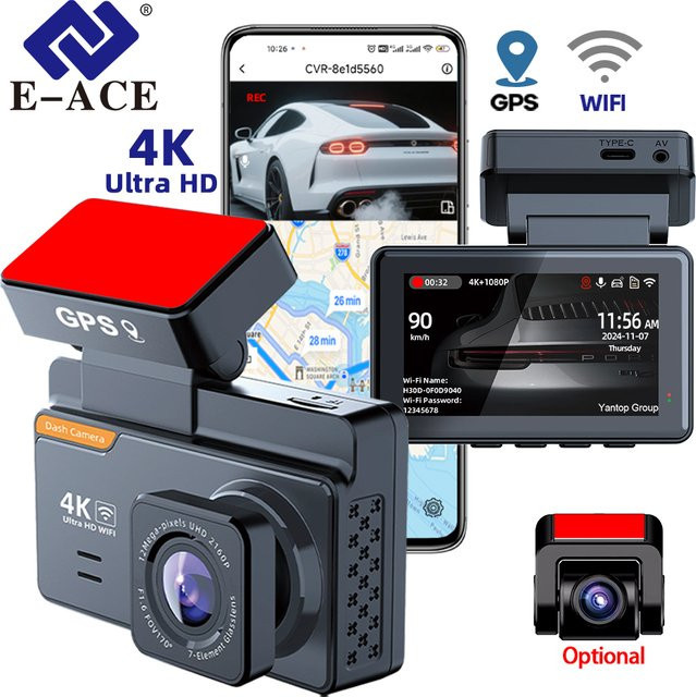E-ACE 4K UHD Dashcam mit 3 Zoll Display, WLAN und GPS, schwarze Autokamera mit Nachtsicht und 24H Parküberwachung - Bild 1