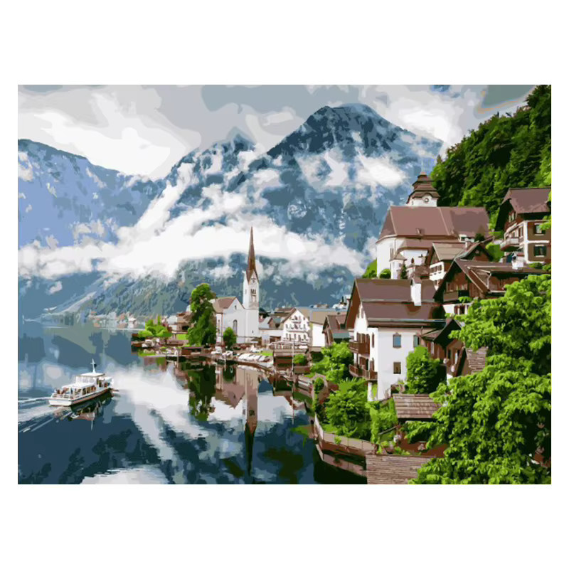 AZQSD Malset nach Zahlen: Modernes Ölgemälde mit Haus, Bergsee und Fluss als DIY Wanddekoration in Mehrfarbig - Bild 3