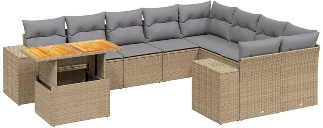 vidaXL 10-tlg Garten-Sofagarnitur mit Kissen aus Poly Rattan in Beige - Bild 1