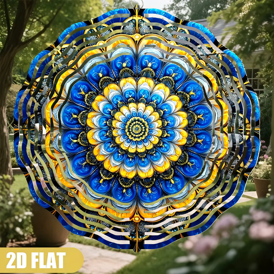 Modernes geometrisches Windspiel von CIFBUY aus Metall in Blau, Gelb und Gold als abstrakte Gartendekoration für den Außenbereich - Bild 4