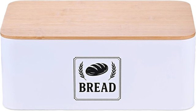 Relaxdays Brotkasten aus Eisen in Weiß mit Bambusdeckel, B/T/H: 33 x 13,5 x 19 cm - Bild 1