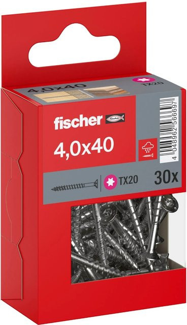 Fischer PowerFast II A2 Senkkopf TX Teilgewinde Schraube aus Edelstahl in Silber, Durchmesser: 4 mm, Länge: 40 mm, 30 Stück - Bild 1