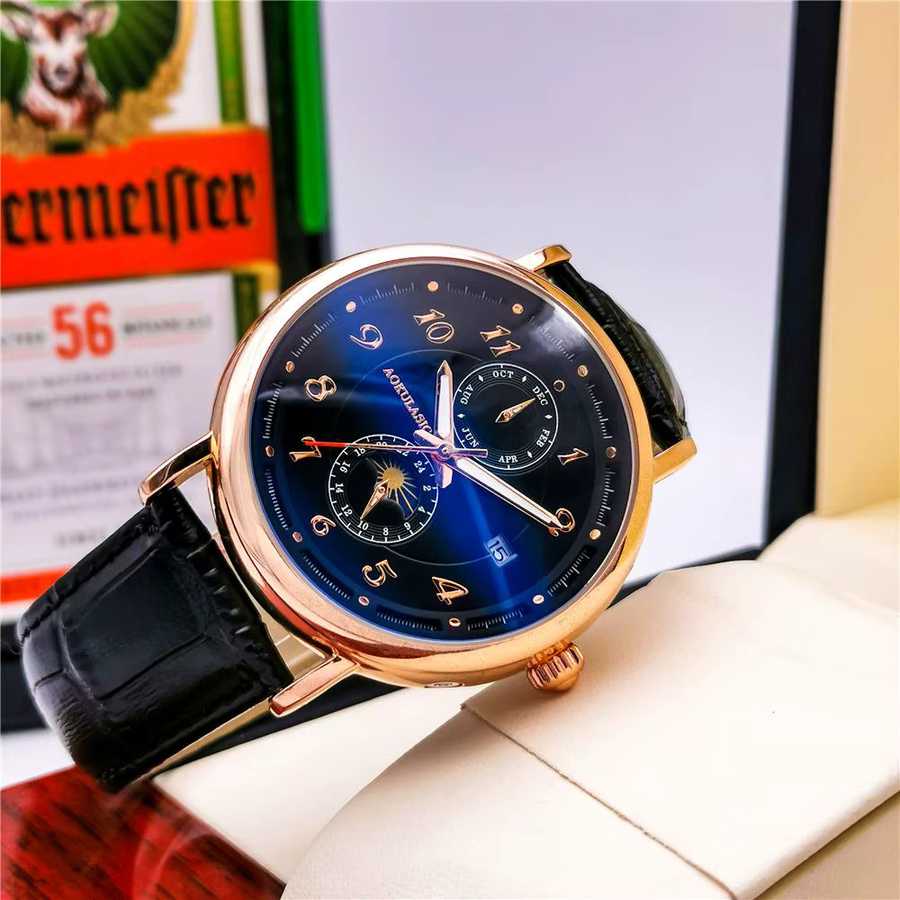 AOKULASIC Armbanduhr Automatik, Leder, Blau, Herren - Bild 4
