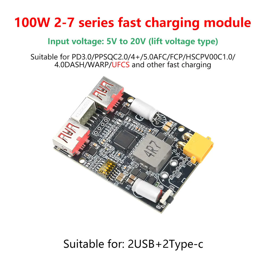 100W Schnelllademodul mit USB Typ-C und XT30 XT60 Anschlüssen für Lithium-Eisenphosphat-Batterien in Schwarz - Bild 2