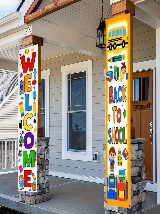VIKAMA Willkommen zurück in der Schule Veranda-Banner mit Cartoon-Motiven wie Schulbus, Bleistift und Rucksack, mehrfarbiges Hängedekor-Set für Kinder - Bild 6