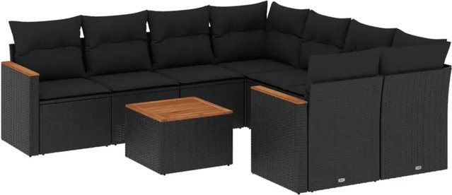 vidaXL 9-tlg. Garten-Sofagarnitur in L-Form aus schwarzem Poly-Rattan mit Kissen und pulverbeschichtetem Stahlrahmen - Bild 1