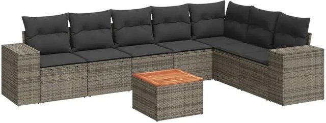 vidaXL 8-teilige Garten-Sofagarnitur in L-Form aus grauem Poly-Rattan mit Kissen und Akazienholz - Bild 1