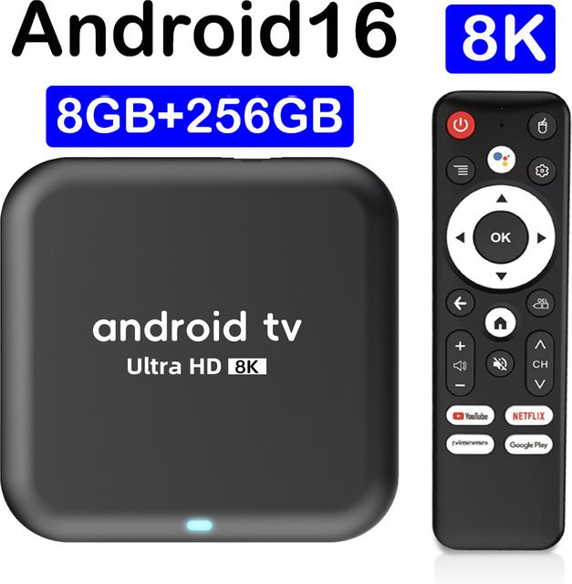Q18 8K Smart TV Box Android 16 mit Google Assistant, 4GB RAM, 64GB ROM, WiFi 5G und Bluetooth 6.0, Schwarz - Bild 1