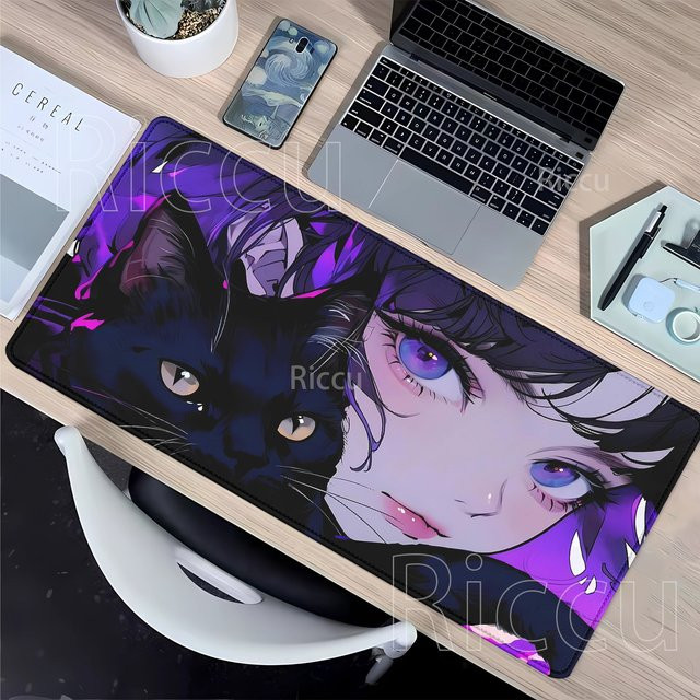 Riccu Gaming-Mauspad XXL mit schwarzer Katze in Schwarz und Multicolour, rutschfeste Schreibtischunterlage im Kawaii-Design - Bild 1