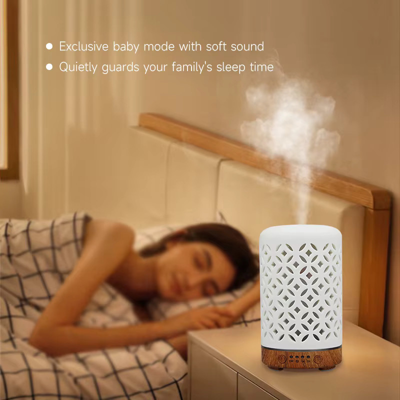 ENGRANVES Aroma Diffusor aus Keramik und Kupfer mit Ultraschall-Technik, Desktop Luftbefeuchter mit LED Nachtlicht in Deep Wood Grain - Bild 2