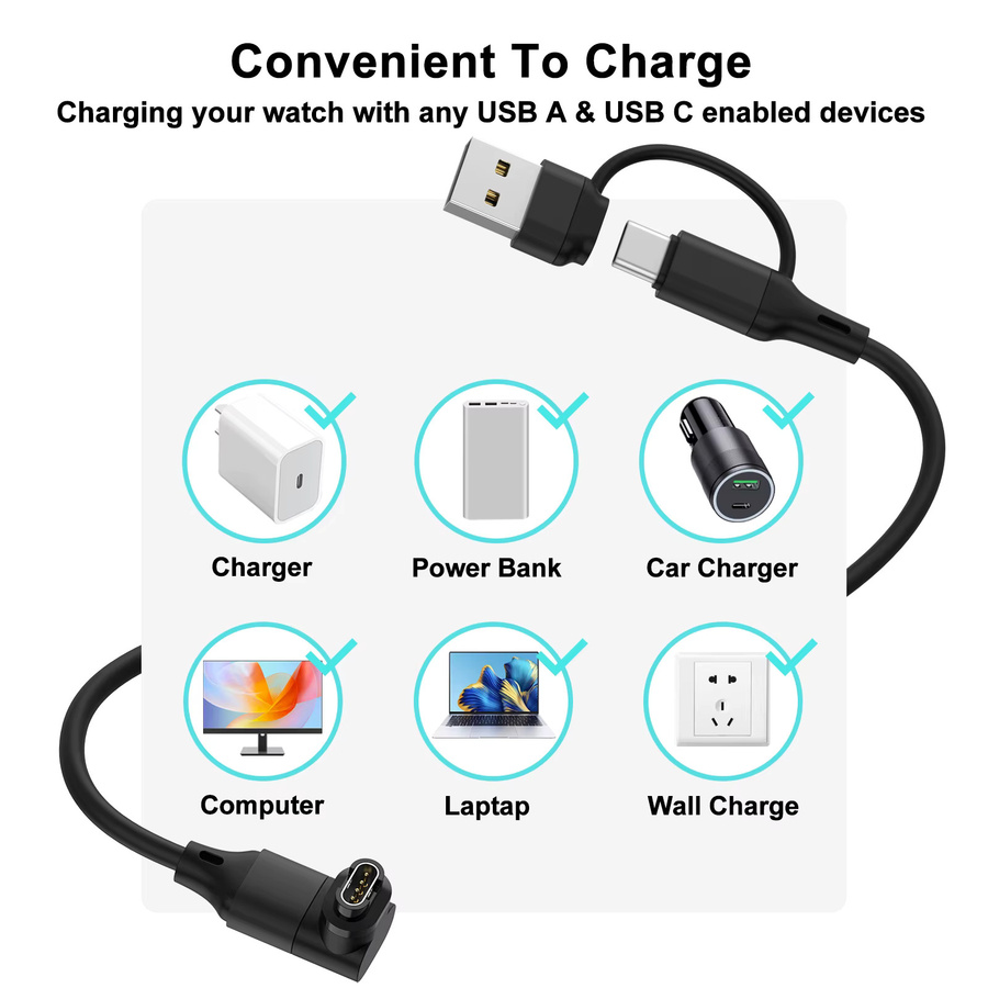 IEOVIEE 2in1 USB und USB-C Ladekabel für Garmin Smartwatches in Schwarz - Bild 2
