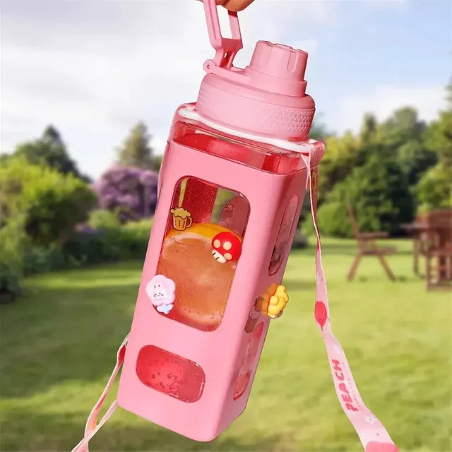 Kawaii Trinkflasche für Mädchen mit Stroh und 3D-Aufklebern, Pink, 700 ml - Bild 1