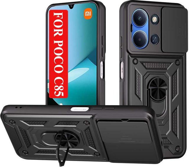 Stoßfeste Rüstung-Schutzhülle für Xiaomi Mi POCO C85 mit Kameraobjektiv-Schutz und Auto-Halterung in Schwarz - Bild 1