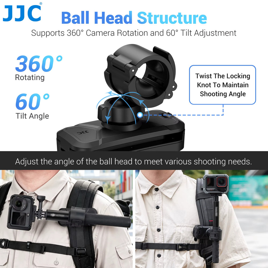 JJC Selfie-Stick-Holster Rucksack-Clip-Halterung in Schwarz für Insta360 X4 X5 ACE Pro 2 GO Ultra DJI Action 6 5 GoPro 13 12 11 Action Camera Zubehör - Bild 3