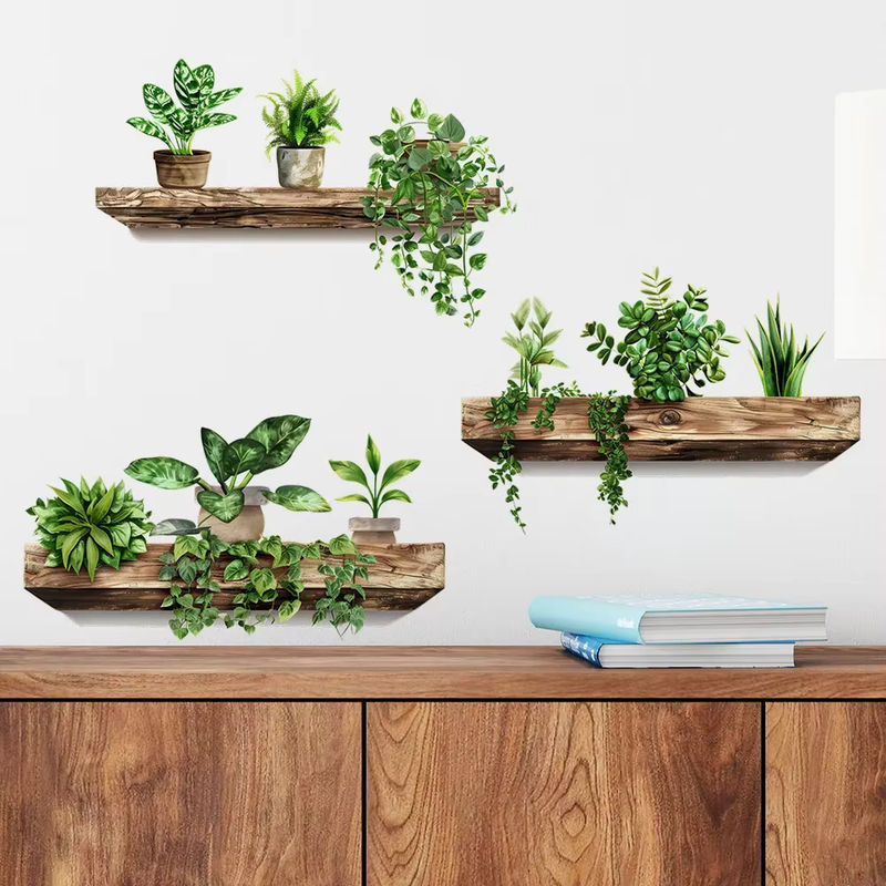 Selbstklebende Wandaufkleber für Topfpflanzen in Grün, abnehmbare DIY-Wandkunst im rustikalen Design - Bild 4