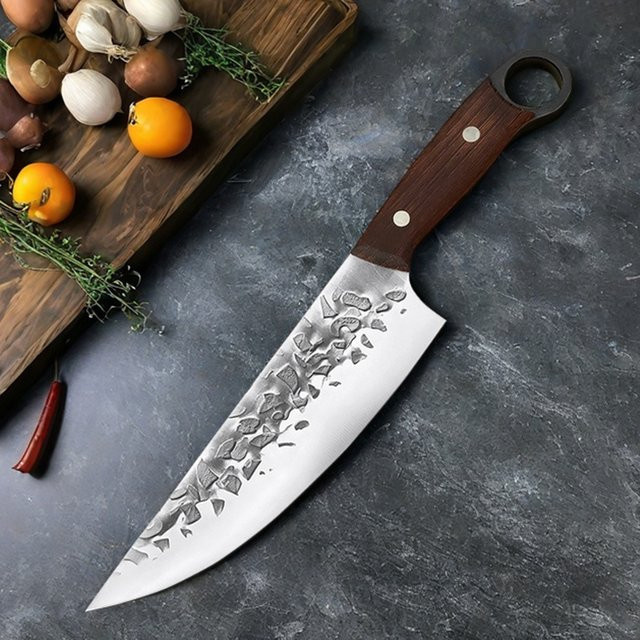JYi Japanisches Kochmesser aus geschmiedetem Stahl mit Massivholzgriff, 20,32 cm, Silber - Bild 1