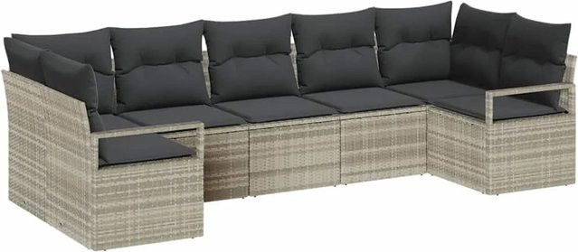 vidaXL Garten-Sofa-Set 7-teilig aus Polyrattan in Hellgrau mit Polsterkissen und L-Form für Terrasse und Garten - Bild 1