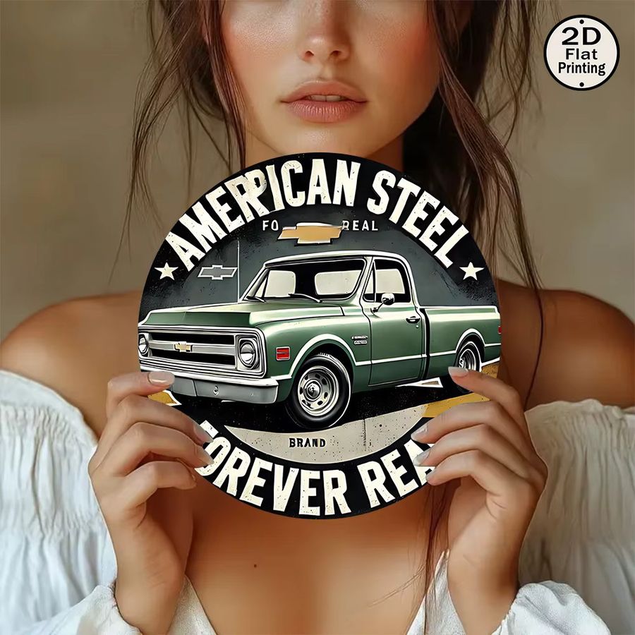 Vintage American Steel Metall-Wandkunst rund in Grün mit LKW-Motiv und Forever Real Slogan, Durchmesser: 20,32 cm - Bild 4