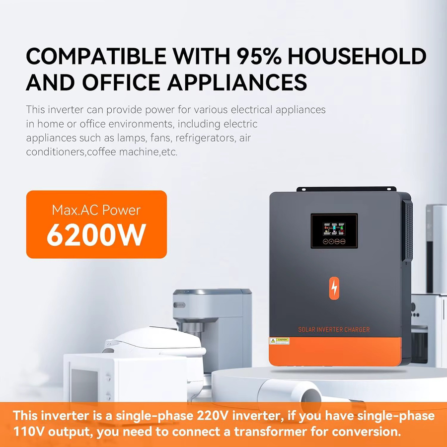 PowMr Reiner Sinus-Solarwechselrichter 6,2 kW 48Vdc 230Vac mit 120A MPPT-Ladefunktion und 8000W 500V PV-Eingang in Grau - Bild 3