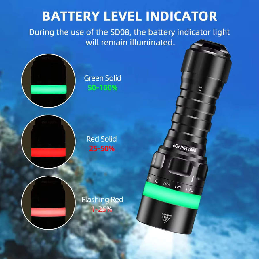 Sofirn SD08 Scuba Tauchtaschenlampe mit 3200 lm, SST70 LED, RGB-Licht für 360 Grad Unterwasserpositionierung, schwarz, wiederaufladbar - Bild 5