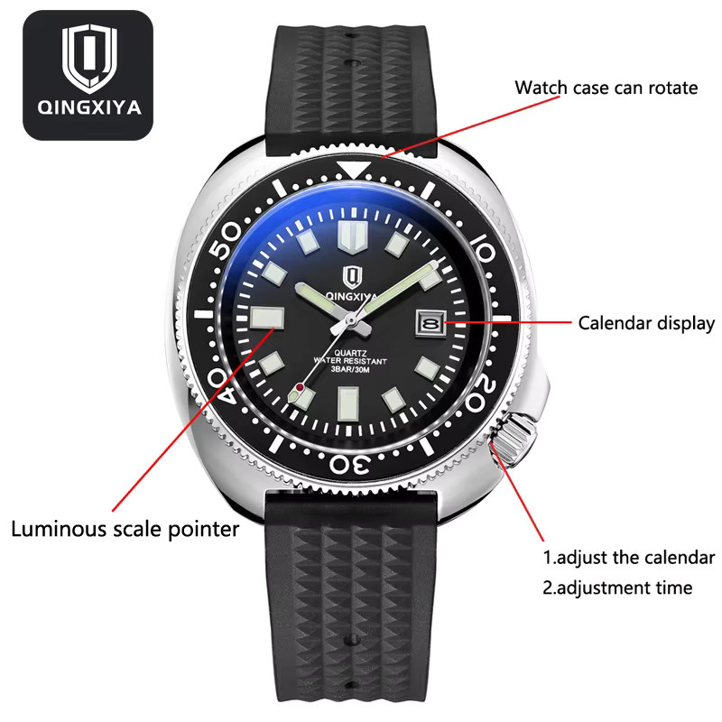 QINGXIYA Armbanduhr, Quarz, Edelstahl, Schwarz, Herren, Datum - Bild 2