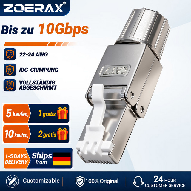 ZoeRax RJ45 Ethernet-Stecker werkzeuglos abgeschirmt für Cat8 Cat7 Cat6A STP/UTP Kabel (23-26AWG) - Bild 1