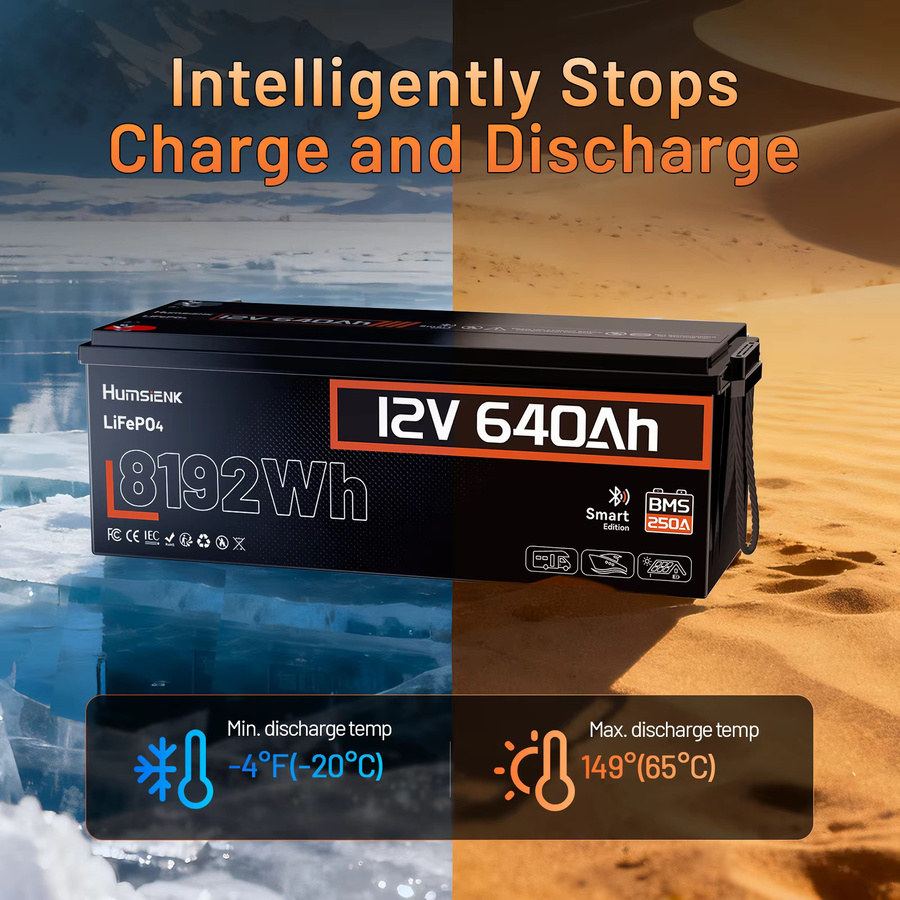 Humsienk 12V 640Ah LiFePO4 Lithium-Batterie mit Bluetooth in Schwarz, 250A BMS, 15000+ Zyklen, IP65 & Tieftemperaturschutz, 8192Wh Ausgangsleistung - Bild 7
