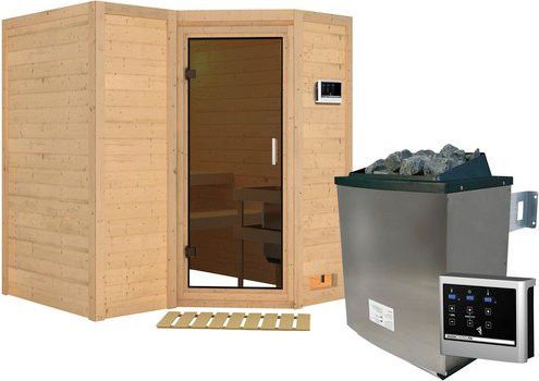 Karibu Sauna Riga 1 aus Fichtenholz mit 9 kW Saunaofen und externer Steuerung für 3 Personen, Farbe: beige - Bild 1