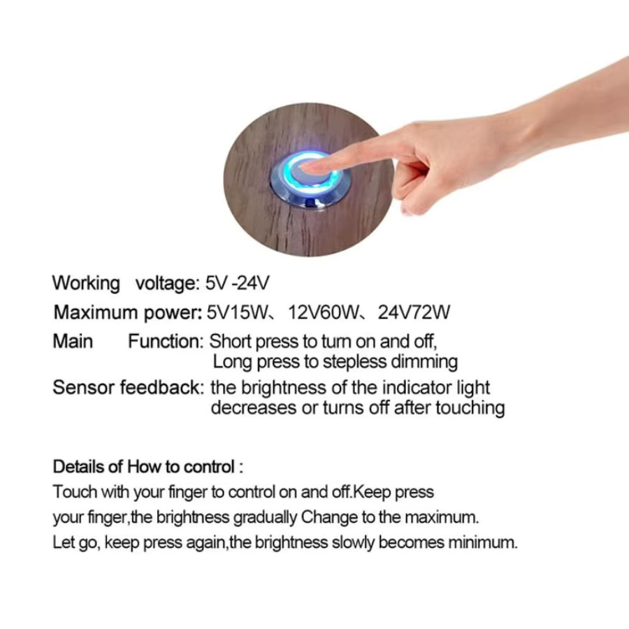 Stufenloser LED-Dimmer mit Touch-Schalter für LED-Streifen und Schrankleuchten, kompatibel mit DC 5 V, 12 V und 24 V - Bild 3