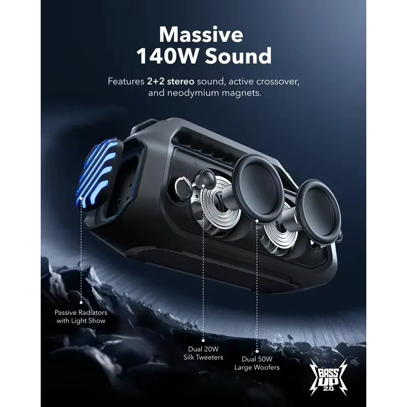 Anker Soundcore Boom2 Pro Outdoor-Lautsprecher in Schwarz mit RGB-Beleuchtung, 140 W, IPX7 wasserdicht - Bild 2