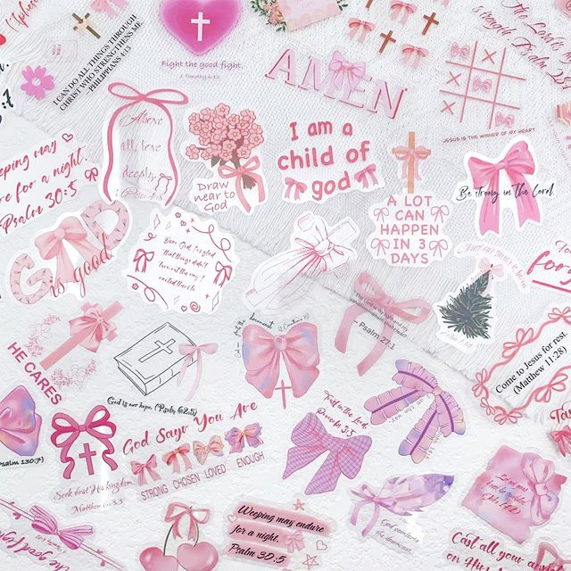50 Stück Cartoon Bownet Bibel PET Aufkleber in Rosa und Transparent, wasserfeste DIY Aufkleber für Telefon, Koffer und Helm - Bild 1
