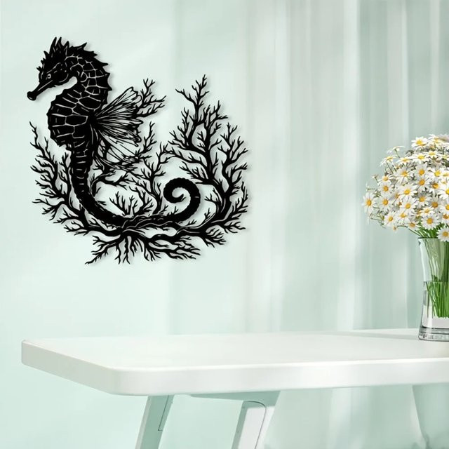 CIFBUY Seepferdchen Wandkunst aus Metall in Schwarz als maritime Küstendekoration - Bild 1