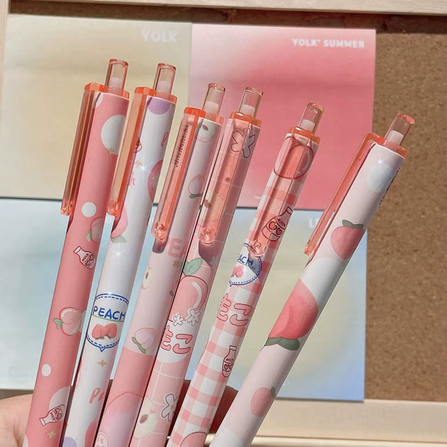 Cartoon Design Gel-Stifte mit Bär, Pfirsich und Astronauten-Motiv, 0,5 mm Kugelschreiber in Gelb und Pink - Bild 1